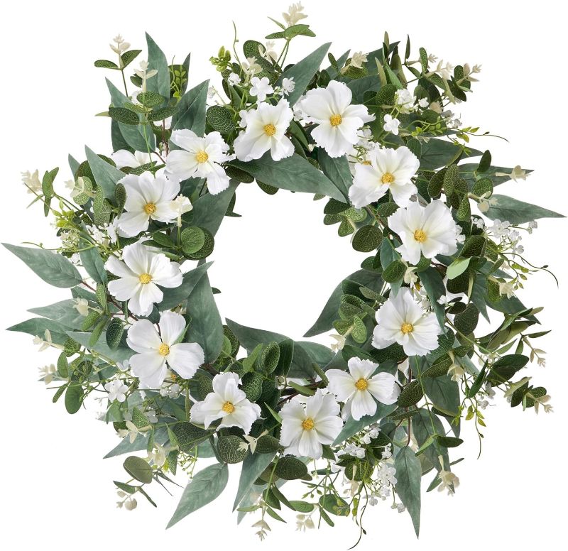 Photo 1 of 18 Inch Spring Wreaths for Front Door Summer Greenery Wreath for Front Door for All Seasons Artifical Floral Outdoor Wreaths Weatherproof for Wall Farmhouse Porch Patio Home Decor 