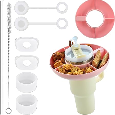 Photo 1 of 4 Compartments Snack Bowl for Stanley Tumbler with Handle, 8.5 inches Divided Snack Tray with Straw & Straw Cover Compatible with Stanley Cup 40 oz, Reusable Stanley Cup Accessories (Pink)