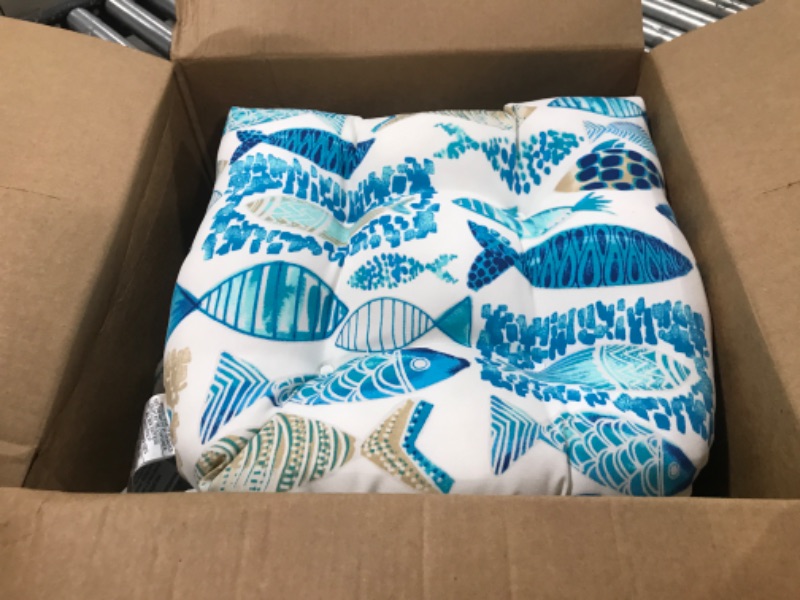 Photo 1 of Pillow Perfect Outdoor/Indoor Hooked Seaside Blue Chair Pads, 2 Count (Pack of 1) Chair Pads, 17" x 17.5"