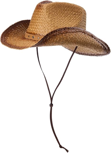 Photo 1 of Comhats Western Style Round Cowboy Straw Hat Ladies Fedora Chin Cord Vegan Leather Band Shapeable Brim Beach Cowgirl SIZE MED
