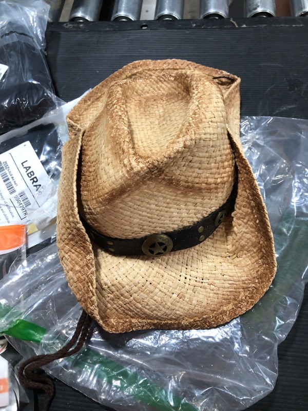 Photo 1 of Comhats Western Style Round Cowboy Straw Hat Ladies Fedora Chin Cord Vegan Leather Band Shapeable Brim Beach Cowgirl SIZE MED
