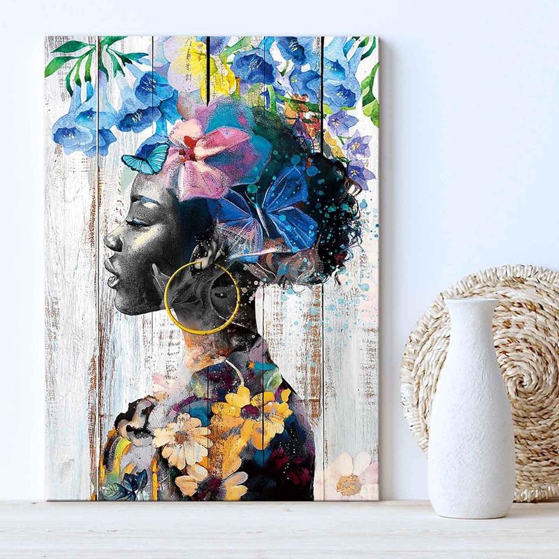 Photo 1 of African American Wall Art Black Women Art Wall Decor Blue Flower Pictures Abstract Paintings Framed Portrait Artwork for Bathroom Bedroom Office Wall Decorations Small Farmhouse Butterfly Art Prints