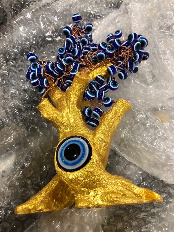 Photo 2 of 8'' Turkish Blue Evil Eye Tree Golden Feng Shui Decor Protection Money Fortune Tree Good Luck Gift Blue Evil Eye-2