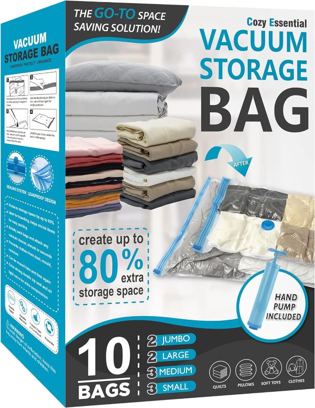 Photo 1 of 10 Pack Vacuum Storage Bags, Space Saver Bags (2 Jumbo/2 Large/3 Medium/3 Small) Compression Storage Bags for Comforters and Blankets, Vacuum Sealer Bags for Clothes Storage, Hand Pump Included