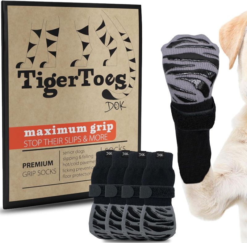 Photo 1 of  DOK TigerToes Premium Non-Slip Dog Socks for Hardwood Floors - Extra-Thick Grip That Works Even When Twisted - Prevents Licking, Slipping, and Great for Dog Paw Protection - Size Large 