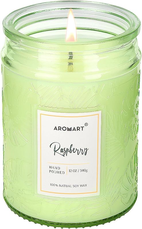 Photo 1 of AROMART Scented Candles Clearance 12 Oz, Raspberry Soy Candles for Home Scented, Aromatherapy Candle with 8% Essential Oils, Long Burning, Leaf Embossed Jar Candles Gifts for Women Men 