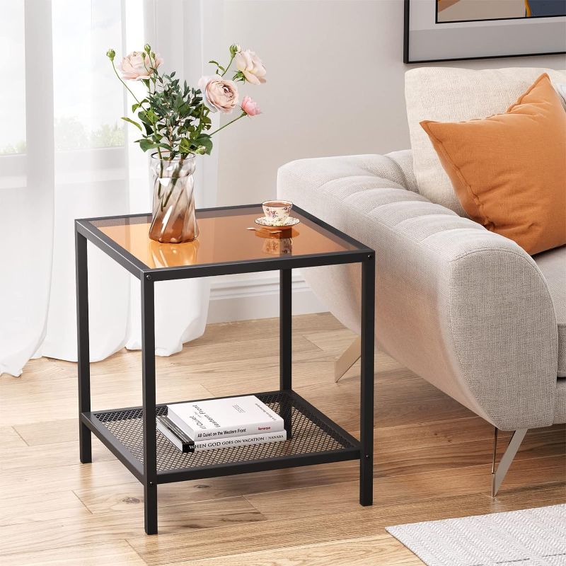 Photo 1 of 
Roll over image to zoom in



SAYGOER Small End Table Glass Side Table for Small Spaces Square Modern Slim Bed Nightstand with Storage Shelf for Living Room Bedroom Bedside Furniture Easy Assembly, Brown Black