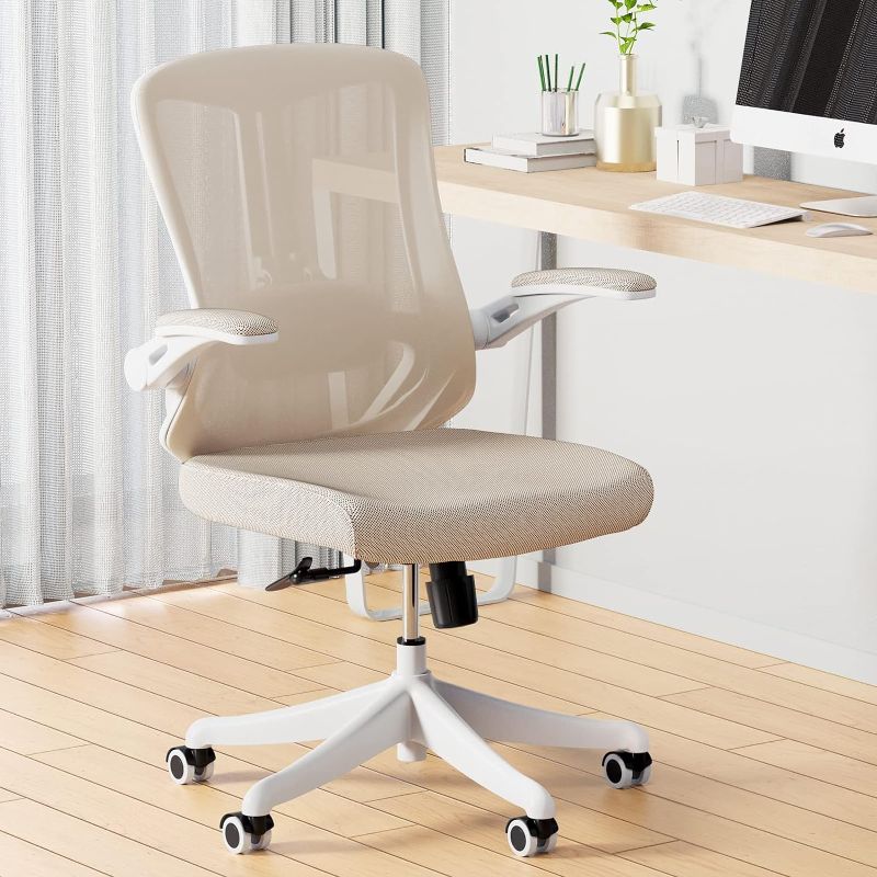 Photo 1 of Home Office Desk , Breathable Mid-Back Comfortable Mesh Computer Chair with PU Silent Wheels, Flip-up Armrests, Tilt Function, Lumbar Support (Khaki)