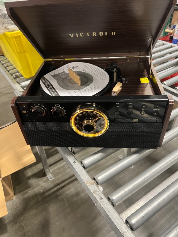 Photo 3 of Victrola Empire Mid-Century 6-in-1 Turntable with 3 Speed Record Player, Bluetooth Connectivity, Radio, Cassette and CD Player (Espresso) Espresso Record Player