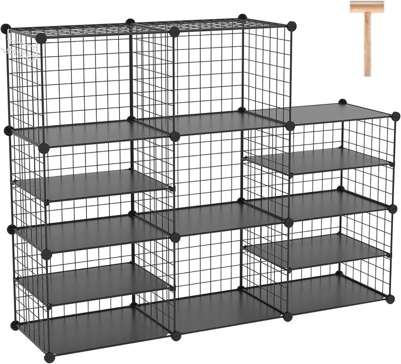Photo 1 of  C&AHOME Wire Cube Storage Unit, Interlocking Metal Wire Organizer with Divider Design, Modular Cabinet with Plastic Panels, Bookshelf Stackable Closet Organizer with Small Hooks, Black UWCSIM08B