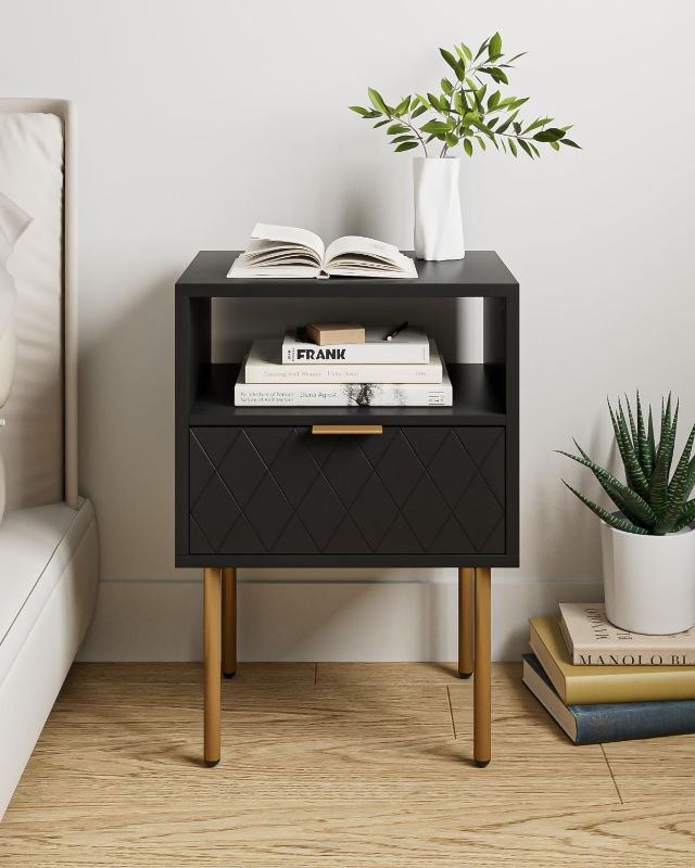 Photo 1 of Aobafuir Nightstand, Drawer Dresser for Bedroom, Small Side Table with Drawer, Bedside Furniture, Night Stand, End Table with Gold Frame for Bedroom, Living Room, Black Diamond
