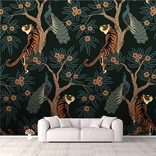 Photo 1 of 3D Wallpaper tiger and peacock Seamless pattern with tiger and peacock on tree with Self Adhesive Bedroom Living Room Dormitory Decor Wall Mural Stick And Peel Background Wall Ceiling Wardrobe Sticker Color1 98.4"x68.9"-250x175cm (WxH)