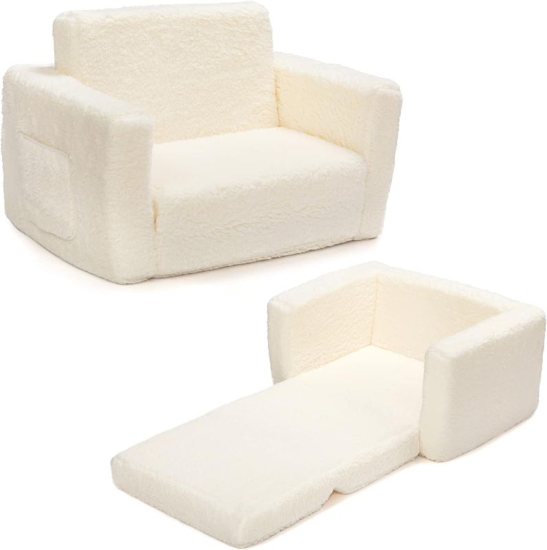 Photo 1 of ALIMORDEN 2-in-1 Flip Out Cuddly Sherpa Kids Couch, Convertible Sofa to Lounger, Cream
