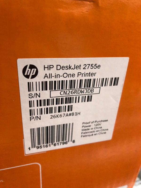 Photo 1 of HP DeskJet 2755e Wireless Color All-in-One Printer with bonus 6 months Instant Ink (26K67A), white