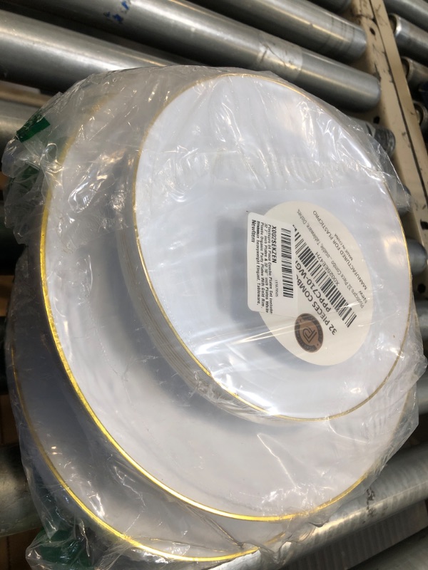 Photo 1 of Plasticpro 64 Piece Combo Plates Set includes 32 7'' inch Plates & 32 10'' inch Plates White Plastic Organic Party Plates With Gold Rim, Premium heavyweight Elegant, Tableware, Dishes, 64 White Organic with Gold Rim
