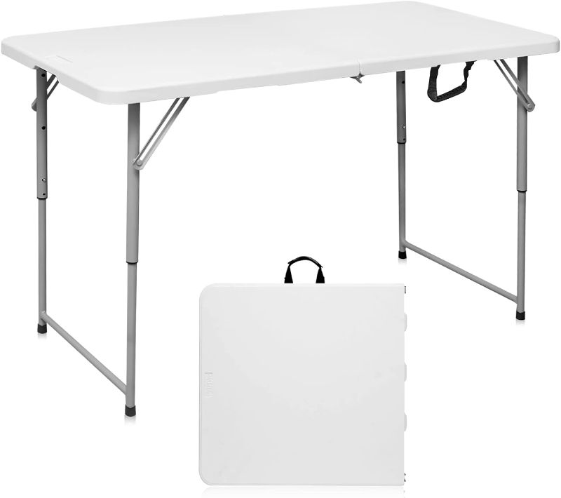 Photo 1 of 
Byliable Folding Table 4 Foot Portable Heavy Duty Plastic Fold-in-Half Utility Foldable Table Small Indoor Outdoor Adjustable Height Folding Table with Carrying Handle, Camping and Party