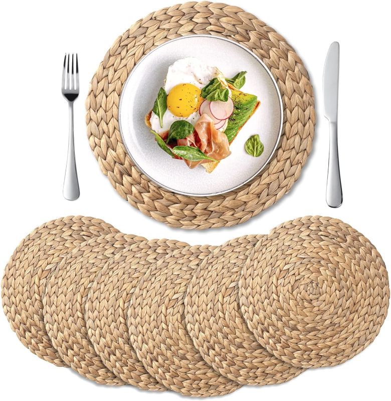 Photo 1 of 6 Pack, Round Woven Placemats, Natural Water Hyacinth Place mats, Braided Straw Table Mats for Dining Table (13.8 inch)