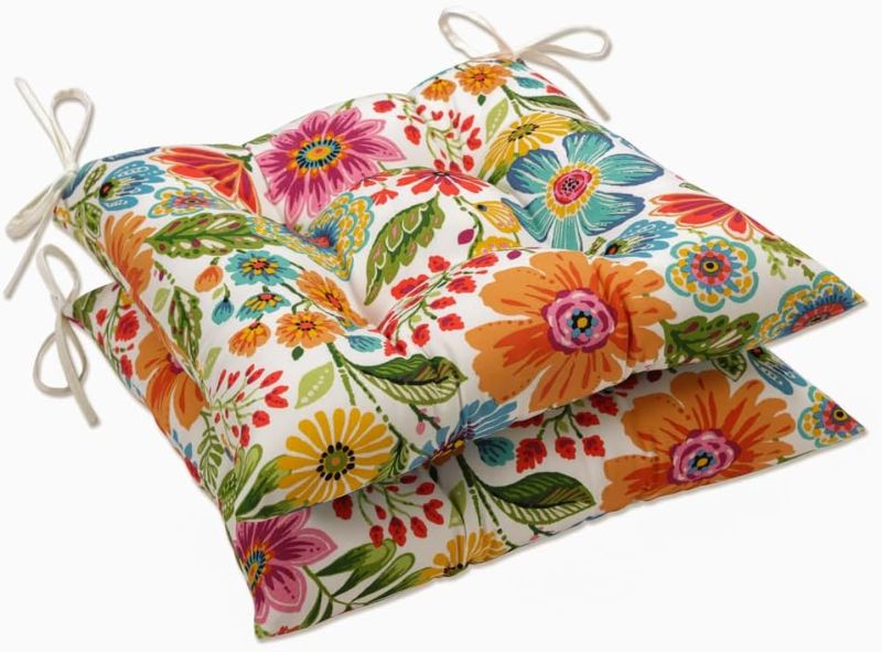 Photo 1 of  Bright Floral Indoor/Outdoor Chair Seat Cushion with Ties, Tufted, Weather, and Fade Resistant,