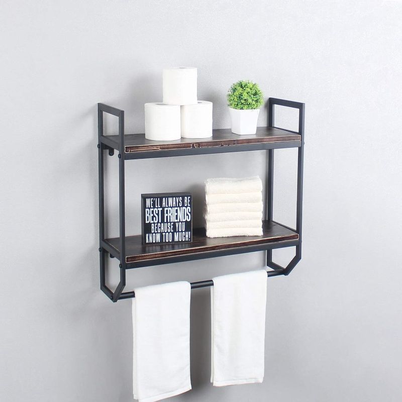 Photo 1 of 2-Tier Metal Industrial 23.6" Bathroom Shelves Wall Mounted,Rustic Wall Shelf Over Toilet,Towel Rack with Towel Bar,Utility Storage Shelf Rack, Floating Shelves Towel Holder,Retro Black
