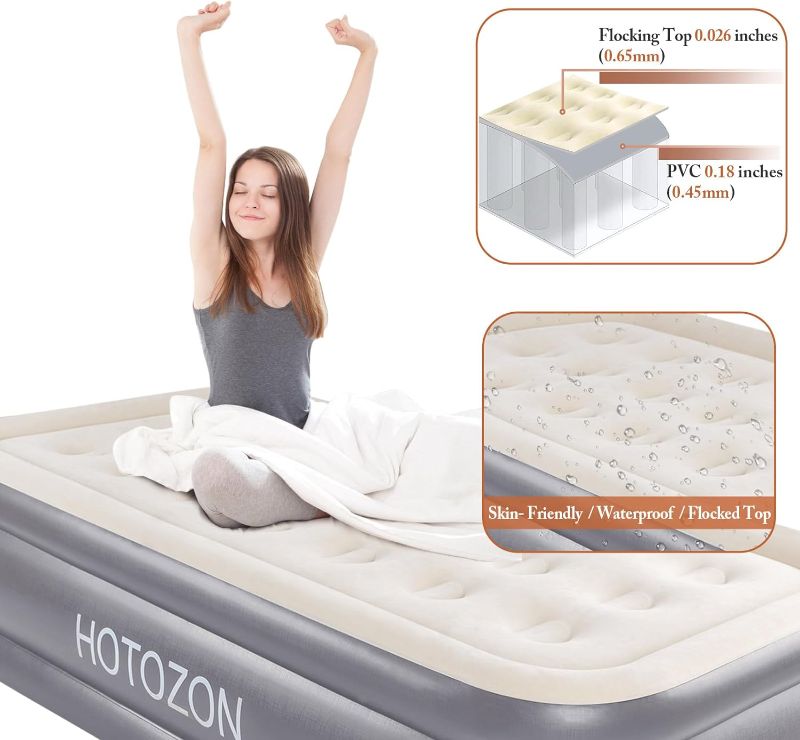 Photo 1 of 
Roll over image to zoom in







HOTOZON Twin Air Mattress with Built-in Pump, 18" Foldable Air Bed with Carry Bag, Luxury Elevated Inflatable Air Mattresses, Blow Up Airbed for Home, Camping & Guests, Grey