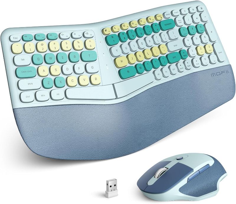 Photo 1 of MOFII Ergonomic Wireless Keyboard and Mouse, 2.4G USB Full Size Computer Keyboard Mouse Combo with Split Design, Wrist Support, Natural Typing, Works for Windows 7 8 10 PC Laptop (Blue Colorful)
