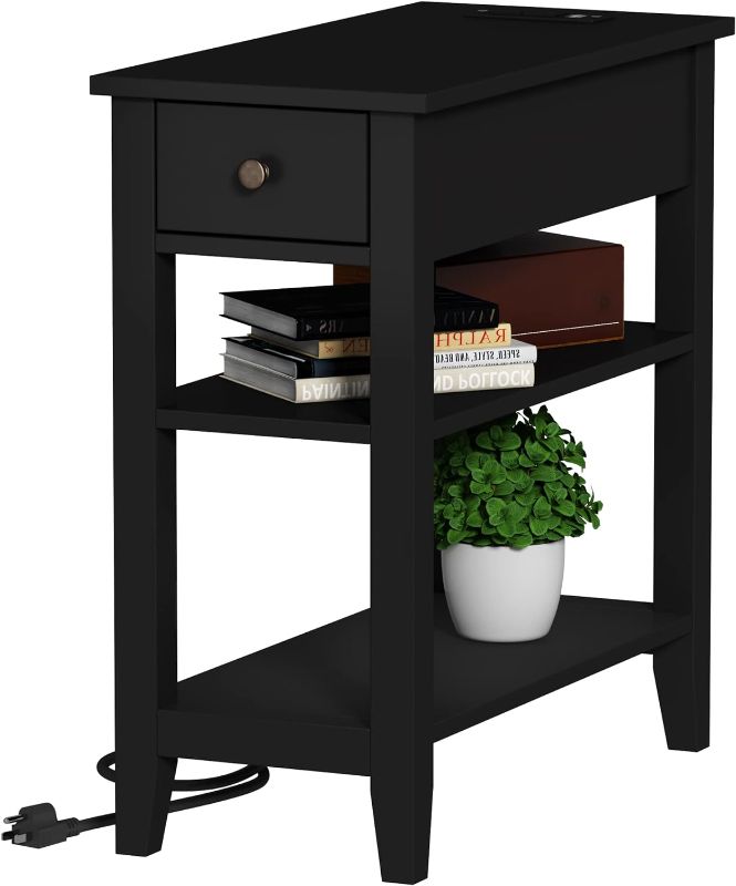 Photo 1 of ChooChoo Narrow End Table with Charging Station, Side Table Living Room with USB Ports & Power Outlets and Hidden Drawer, 3-Tier Skinny Nightstand with 2 Open Storage Shelves for Small Place (Black)
