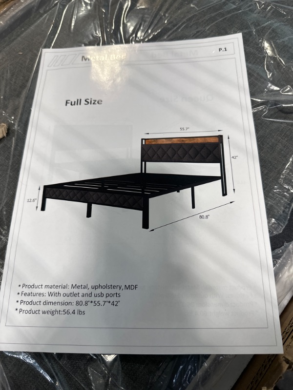 Photo 4 of Winkalon Full Size Bed Frame with Headboard, Bed Frame with Charging Station, Metal Platform Bed Frame Full No Box Spring Needed, Modern Wood Upholstered Headboard and Under Bed Storage