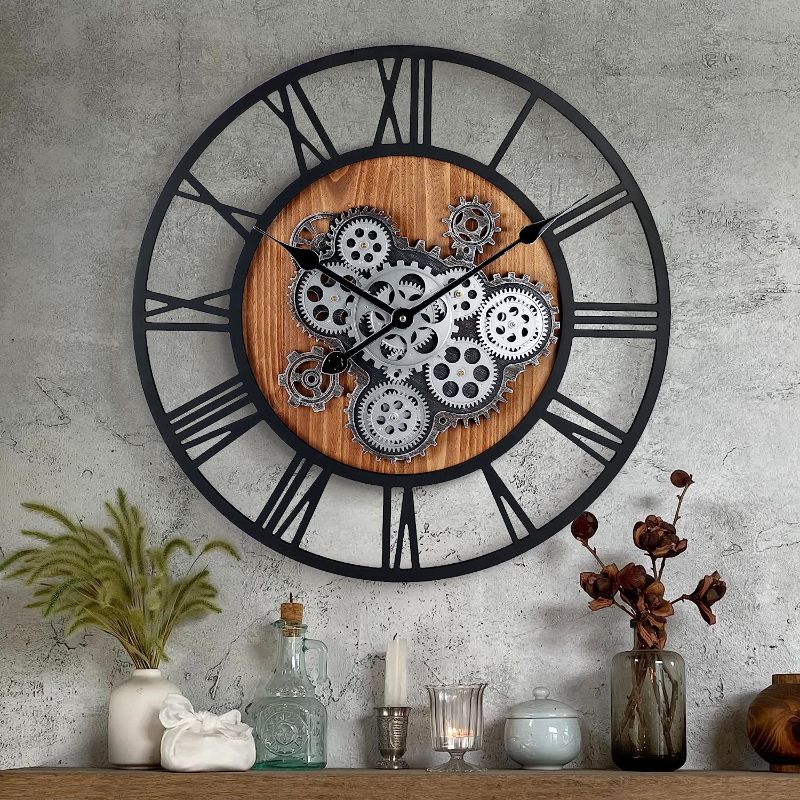 Photo 1 of Lafocuse 23 Inch Wall Clock with Moving Gears. Roman Numeral Wooden Large Moving Gears Wall Clock, Oversize Industrial Farmhouse Vintage Wall Clock for Living Room Decor Office Home
