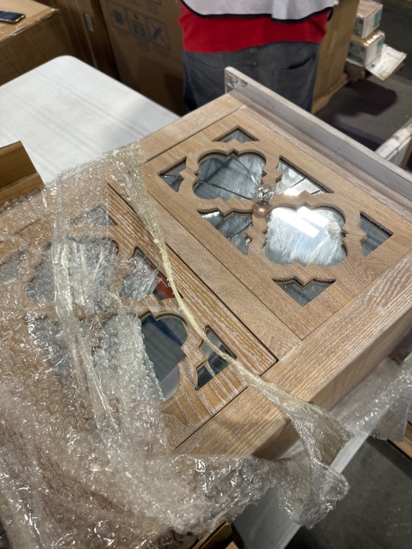 Photo 3 of Celia Transitional Rustic French Country White-Washed Wood and Mirror 2-Drawer Quatrefoil Nightstand