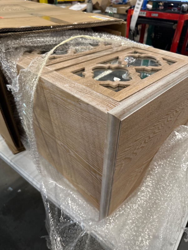 Photo 5 of Celia Transitional Rustic French Country White-Washed Wood and Mirror 2-Drawer Quatrefoil Nightstand