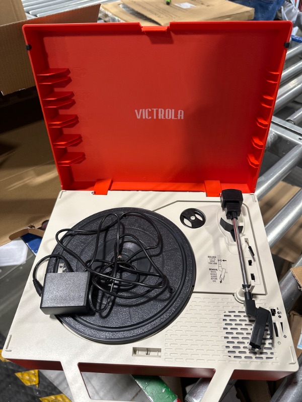 Photo 4 of Victrola Re-Spin Sustainable Suitcase Vinyl Record Player, Red & Vintage Vinyl Record Storage and Carrying Case, Fits All Standard Records, Black Red Re-Spin Record Player + Storage and Carrying Case