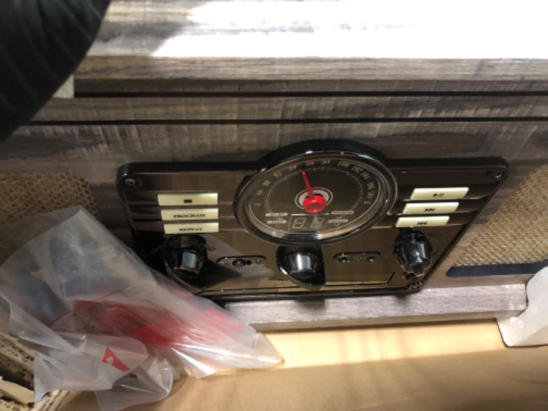 Photo 1 of Victrola Nostalgic 6-in-1 Bluetooth Record Player & Multimedia Center & Cassette Player, AM/FM Radio | Wireless Music Streaming | Farmhouse Shiplap Grey & Wooden Record Crate, Wood Color Farmhouse Shiplap Grey Entertainment Center + Record