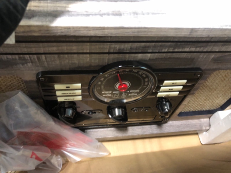 Photo 1 of Victrola Nostalgic 6-in-1 Bluetooth Record Player & Multimedia Center & Cassette Player, AM/FM Radio | Wireless Music Streaming | Farmhouse Shiplap Grey & Wooden Record Crate, Wood Color Farmhouse Shiplap Grey Entertainment Center + Record