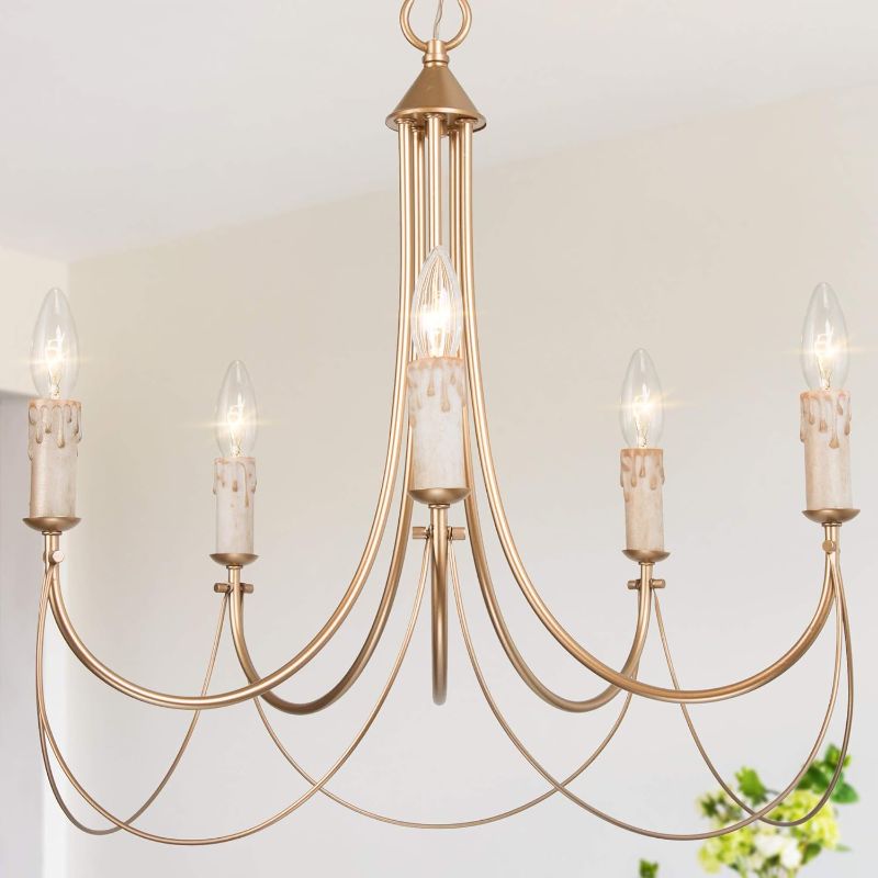 Photo 1 of Classy Leaves Gold French Country Chandeliers for Dining Rooms, 5-Light Modern Pendant Light Fixtures with Elegant Arms for Bedroom, Living Room, D 23.5"x H 22"