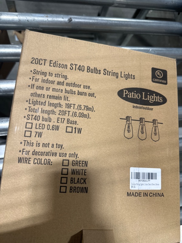 Photo 1 of Abeja Outdoor String Lights 20Ft with 20 Vintage Bulbs(2 Spare) ST40 String Lights, Waterproof UL Listed for Patio Garden Backyard Party Decor, 7W, E12 Socket Base, Brown ST40-Brown ST40-20FT-Brown