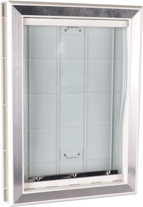 Photo 1 of BarksBar Large Plastic Dog Door with Aluminum Lining and Soft Vinyl Flap, 2-Way Security Locking Slide Panel, Telescoping Frame - Large 10.5 by 15 inches Flap Size, White
