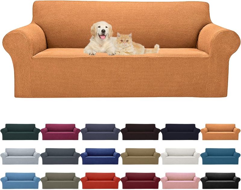 Photo 1 of 2024 Newest Stretch Sofa Slipcovers Couch Cover for 3 Cushion Furniture Protector Sofa Covers with Elastic Bottom Jacquard Fabric Small Checks for Pets, Kids -Sofa, Golden
