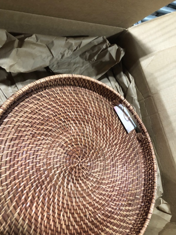 Photo 3 of 16.9 inch Rattan Tray, Round Wicker Tray with Cut-Out Handles, Woven Serving Tray for Dining/Coffee Table 16.9 inch (43cm)