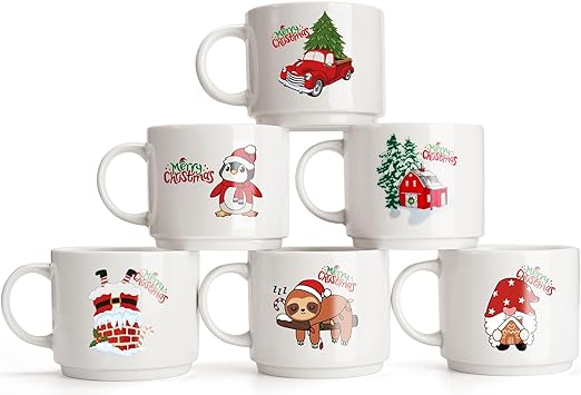 Photo 1 of Zeniortex 14oz Christmas Coffee Mugs Set of 6- Stackable Hot Chocolate Cocoa Coffee Cups-Christmas Basket Holiday Gifts for Friends Family