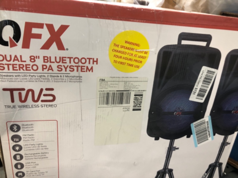 Photo 1 of PBX-800TWS 8-Inch Bluetooth Stereo PA System Comes with 2X 8 Speakers and 2X Stands, 2X Microphones, and a Remote Control