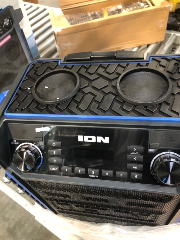 Photo 4 of ION Audio Pickup - 100-watt Water-Resistant Wireless Bluetooth Speaker with 75-Hour Rechargeable Battery, AM/FM Radio and Multi-Color Light Bar 100W water-resistant