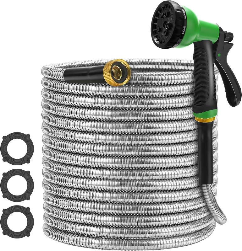 Photo 1 of 50ft Metal Garden Hose, Heavy Duty Stainless Steel Water Hose with Flexible and Non kink, Resistant Puncture, Leak Proof and 8 Function Sprayers, Perfect for Outdoor, Yard, RV