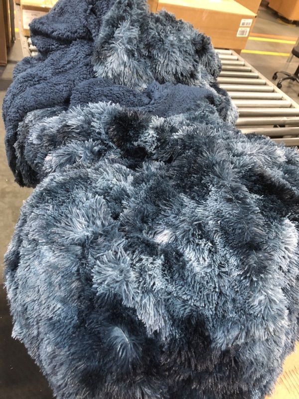 Photo 3 of Bedsure Fuzzy Blanket Queen Size - Indigo, Soft and Comfy Sherpa, Plush and Furry Faux Fur, Reversible Queen Blankets for Bed, 90x90 Inches Queen (90" x 90") Indigo