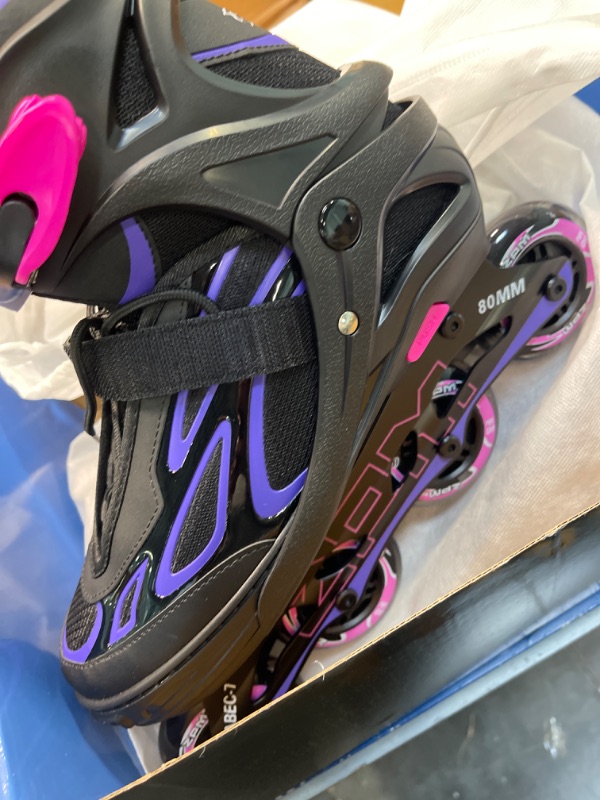 Photo 3 of 2PM SPORTS Vinal Girls Adjustable Flashing Inline Skates, All Wheels Light Up, Fun Illuminating Skates for Kids and Men- Azure Small (1Y-4Y US) Violet & Magenta X-Large - Adult (8W-12W/7M-11M)