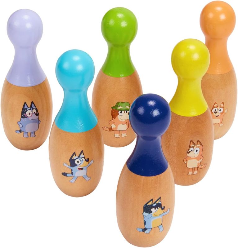 Photo 1 of BLUEY – Wooden Bowling “Skittles” Set, Indoor & Outdoor Bowling Play, 6 Pins and 1 Bowling Ball – FSC Certified for Children 3 Years and Up, Medium