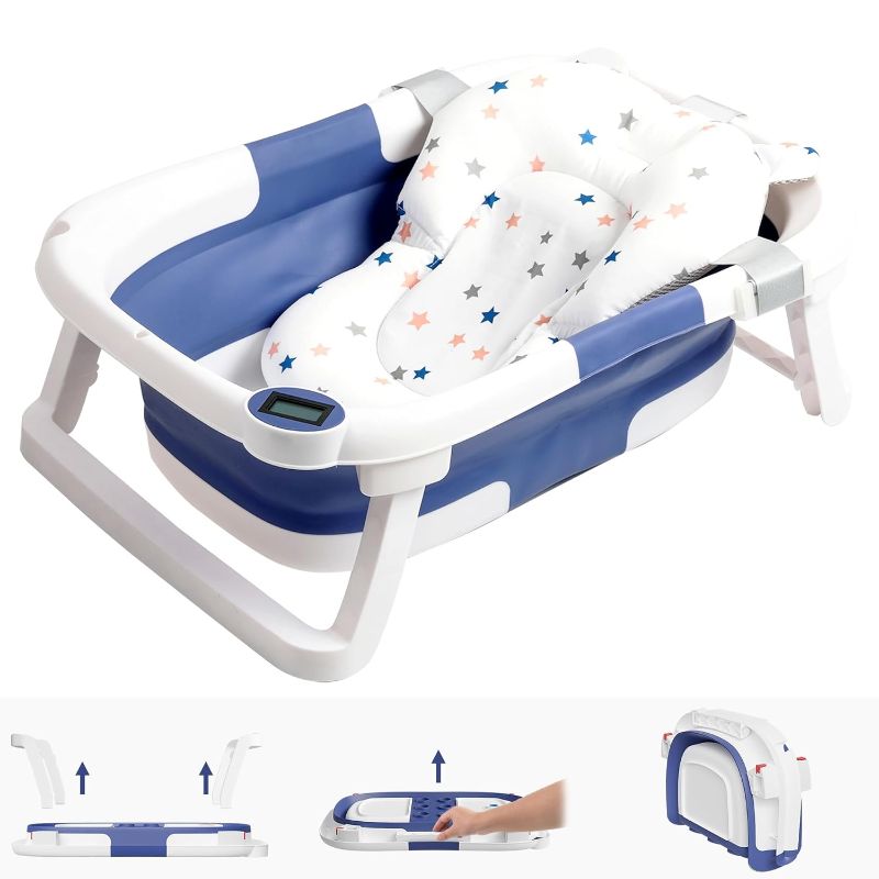 Photo 1 of Collapsible Baby Bathtub for Infants to Toddler, Portable Travel Bathtub Multifunctional Bathtub with Drain Hole, Baby Folding Bathtub for Newborn 0-36 Month (Blue+Floating Baby Bath Cushion)