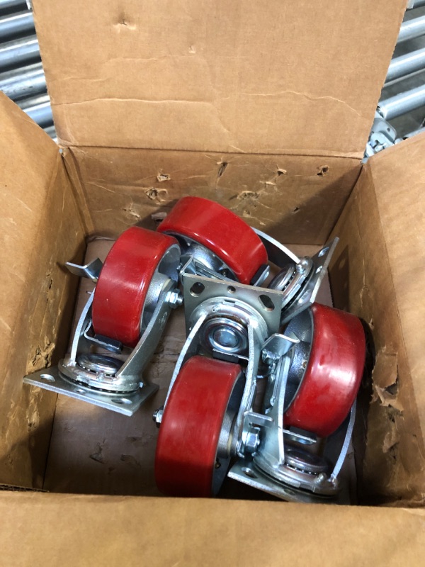 Photo 3 of 5" x 2" Heavy Duty Swivel Caster Set of 4 - Red Polyurethane on Steel Core with Brakes - 4,400 lbs Per Set of 4 - Toolbox Casters - CasterHQ