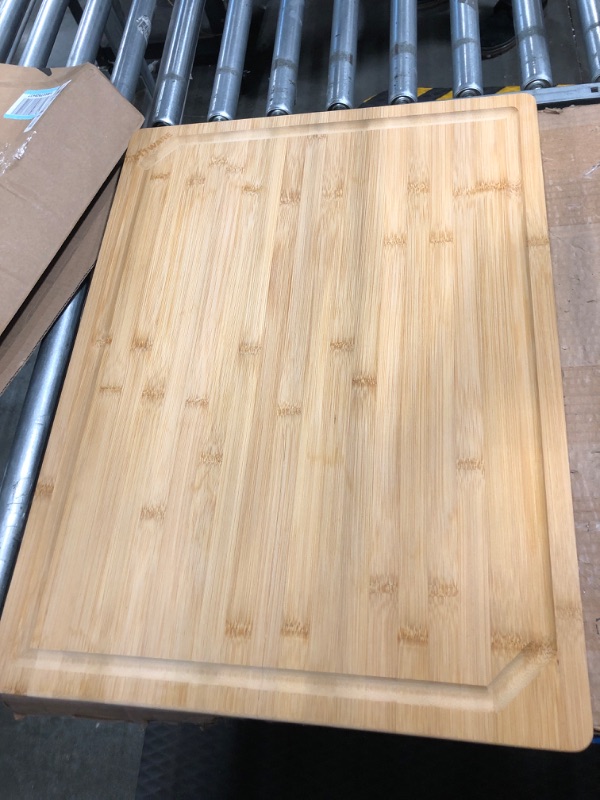 Photo 3 of 24 x 18 Extra Large Bamboo Serving Boards for Kitchen, Heavy Duty Wood Butcher Block Chopping Board with Handle and Juice Groove for Meat, Large Charcuterie Board, Over the Sink Cutting Board 24" X 18"