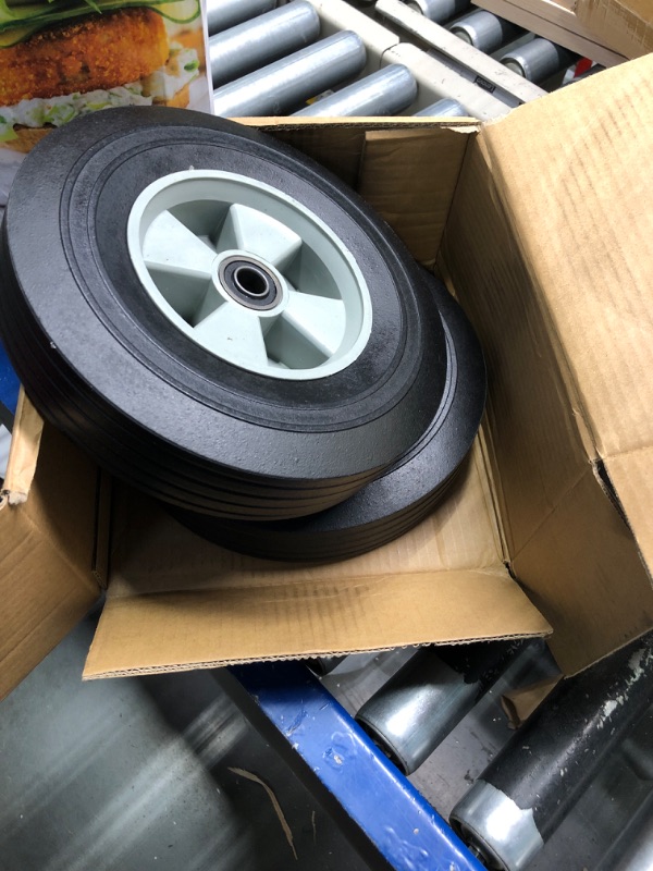 Photo 2 of GICOOL 10" x 2.5" Flat-Free Solid Rubber Tire and Wheel 5/8" Axle Bore Hole, 2 1/4" Offset Hub, Replacement 4.10/3.50-4" for Hand Truck Dolly Trolley Garden Wagon Cart Generator, 2 Pack 10" , Bore Dia.5/8" Plastic Rims