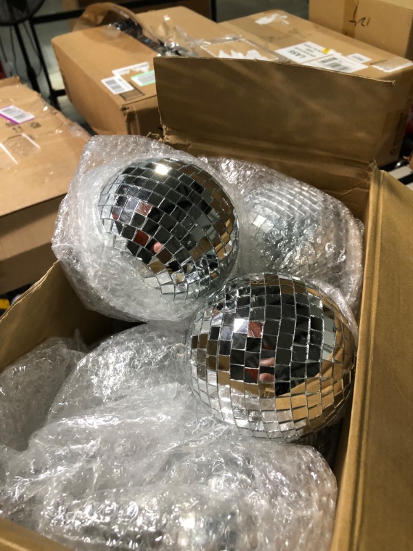 Photo 3 of 20 Pcs Hanging Mirror Disco Ball Ornaments Mardi Gras Assorted Silver Mini Glass Disco Balls Decoration Different Sizes Reflective with Rope(4 Inch)